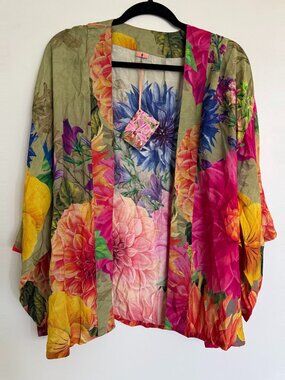 Powder Floral Kimono Jacket Dahlia Cornflower Pansy Print Sage Pink One Size NWT